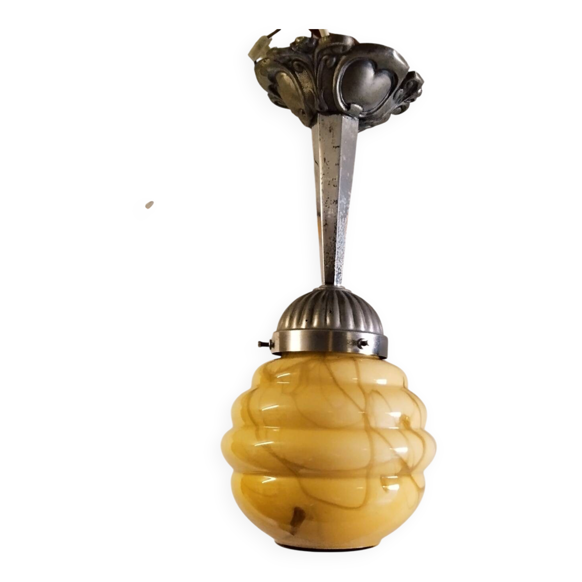Art Deco opaline marbled globe suspension and aluminium mount - mid 20th century.