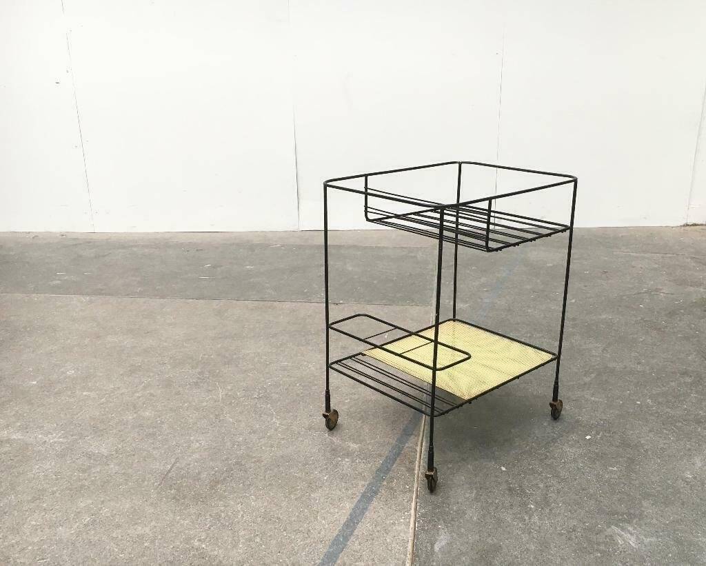 Minimalist perforated metal serving trolley in mid-century style, 1960s.