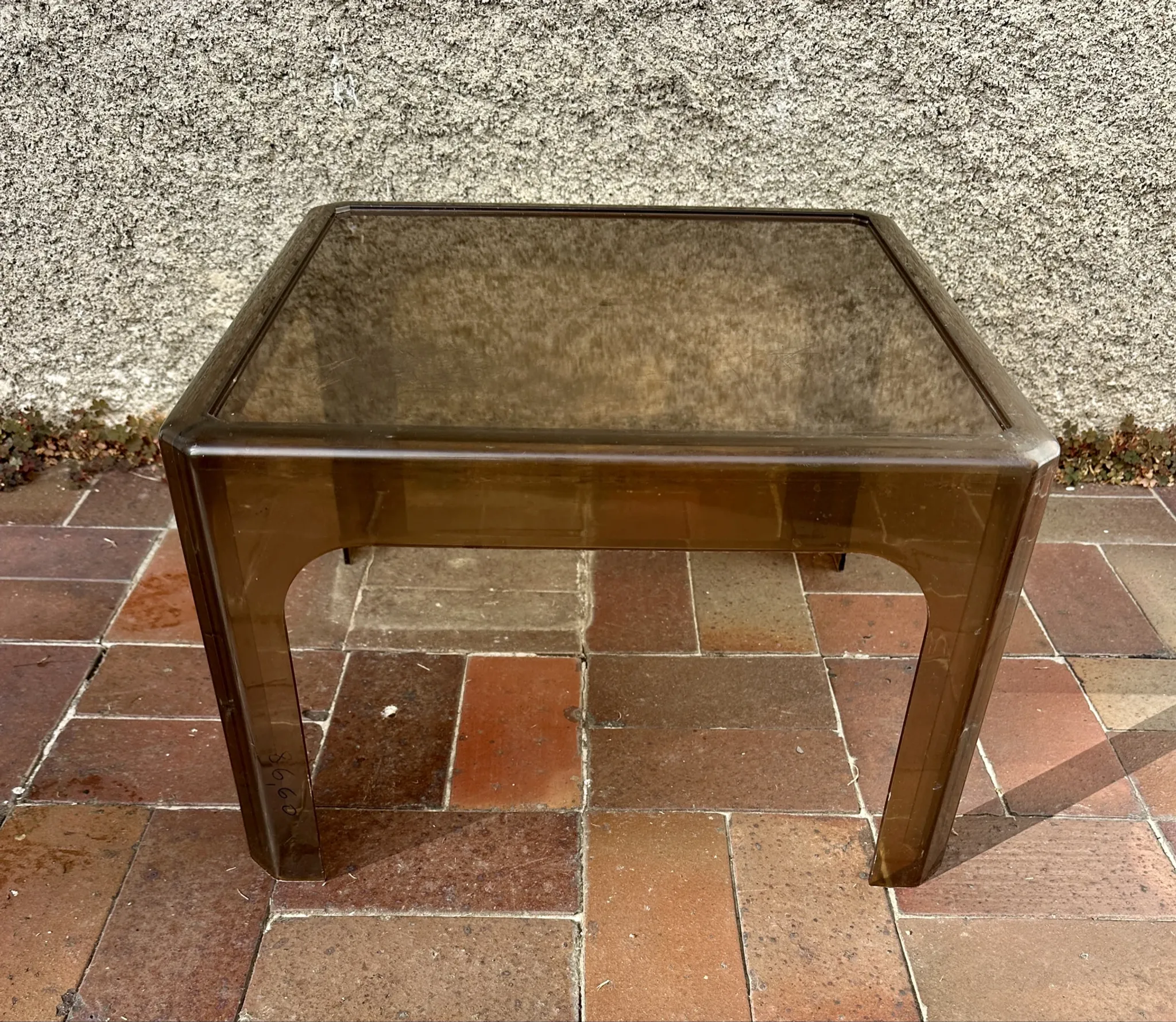 1970s occasional coffee table in smoked Plexiglas by Prisunic