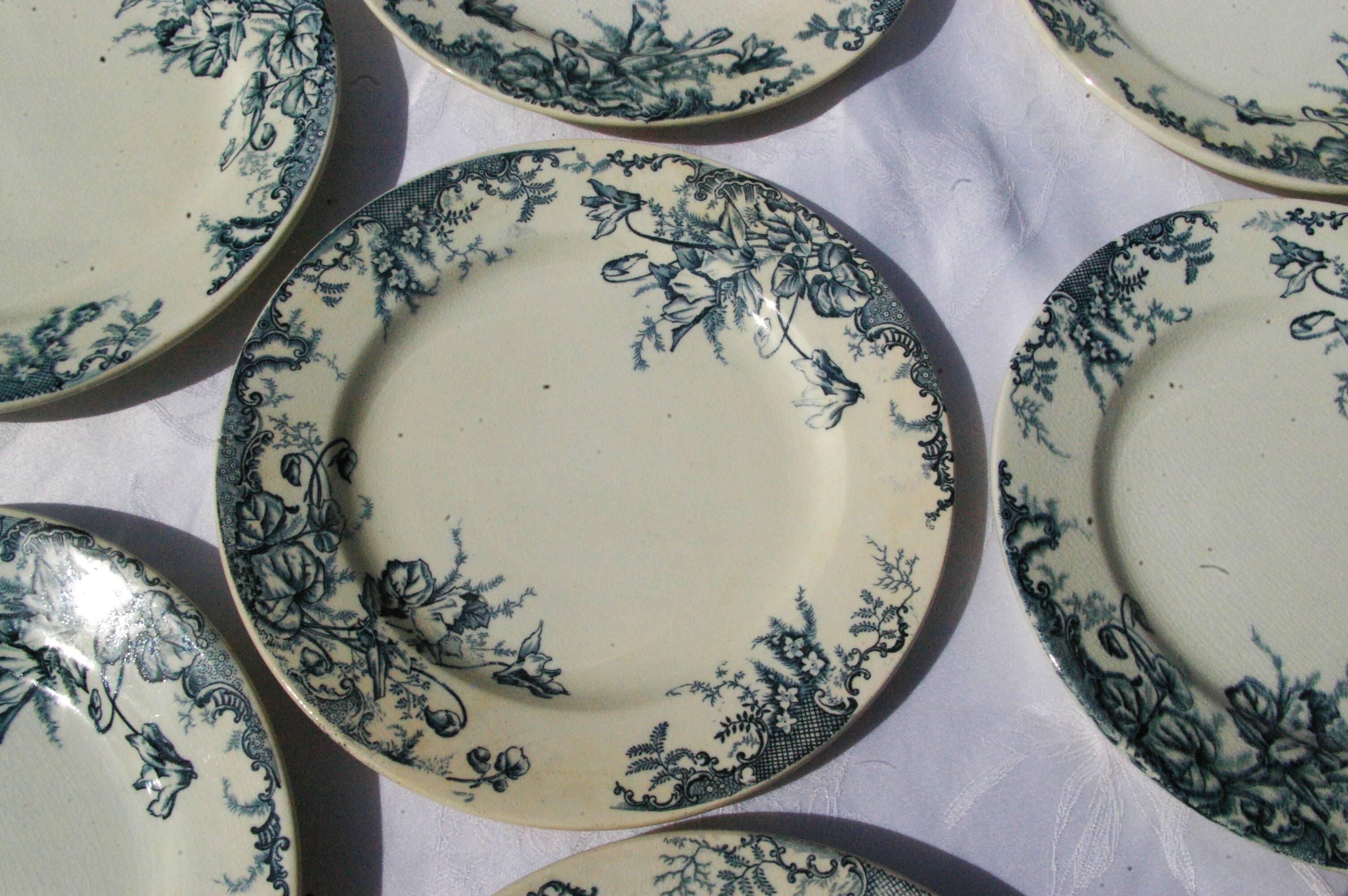 8 Flat plates in Clairefontaine Léon Grave earthenware Cyclamens model