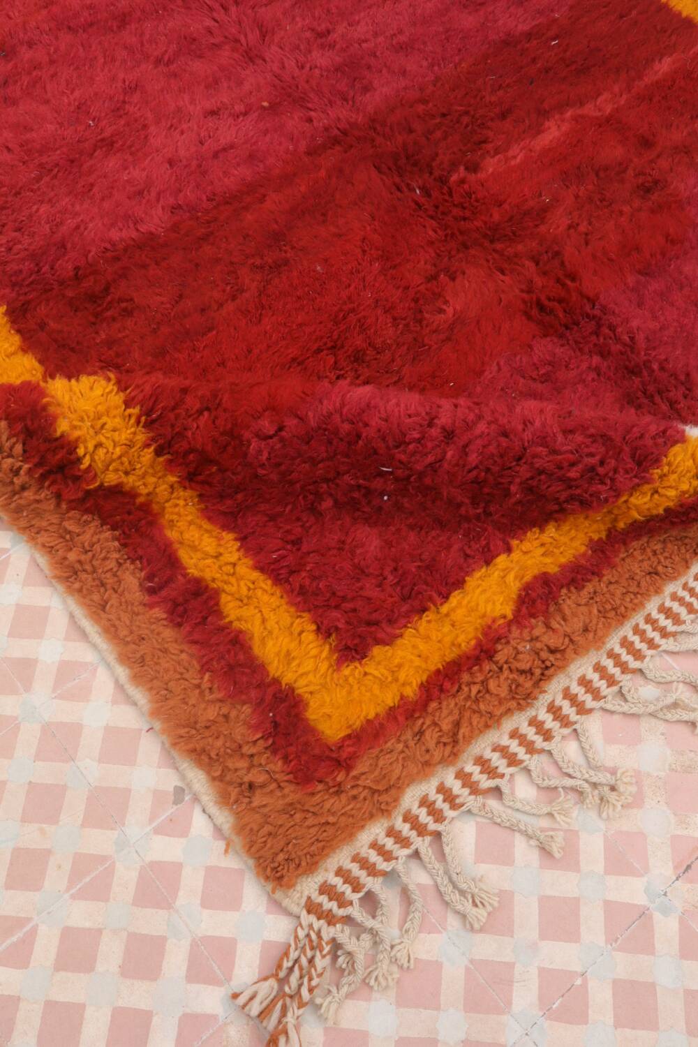 Minimalist burgundy cherry red shaggy berber rug