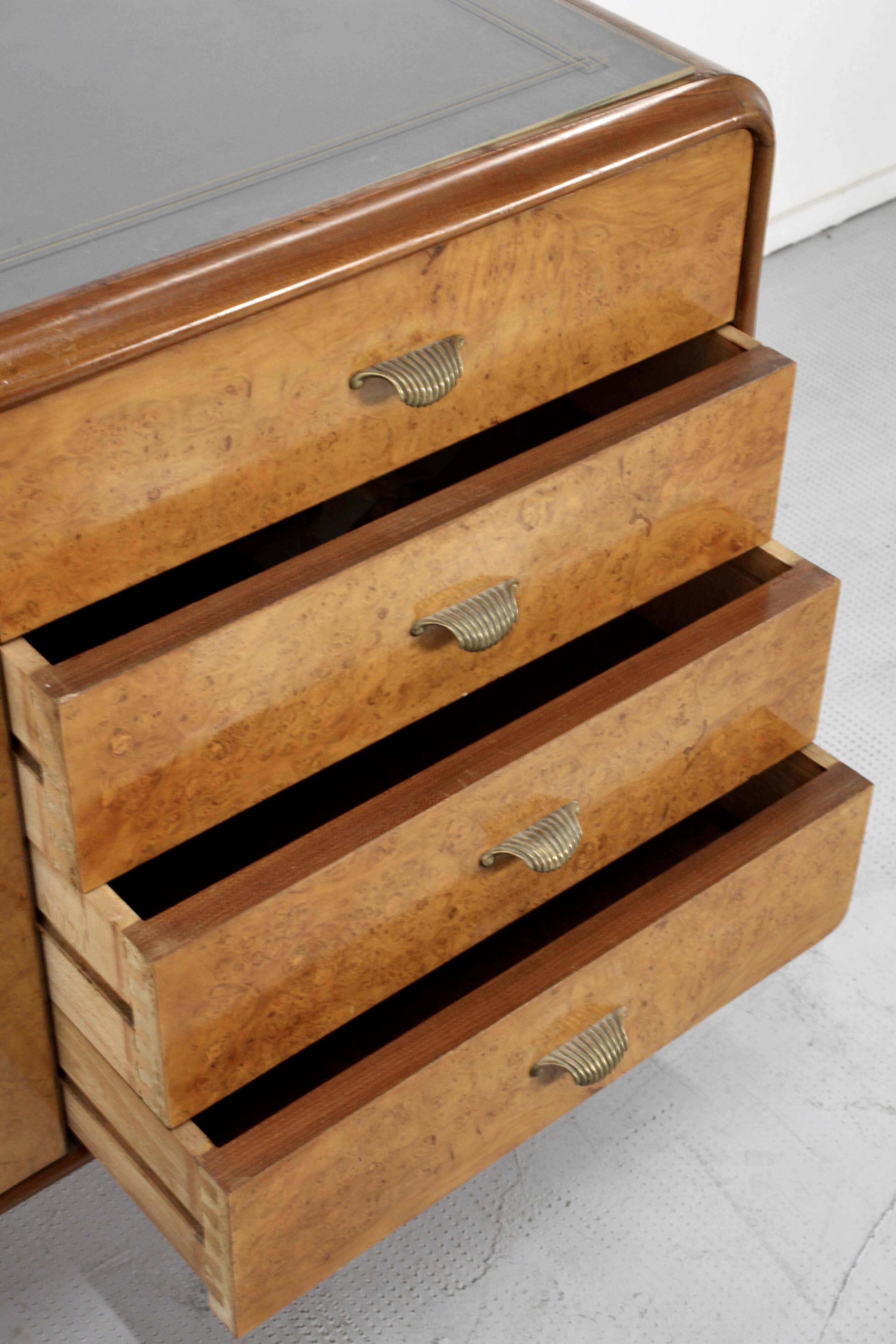 Italian Art Deco Sideboard In Walnut Burl And Brass.