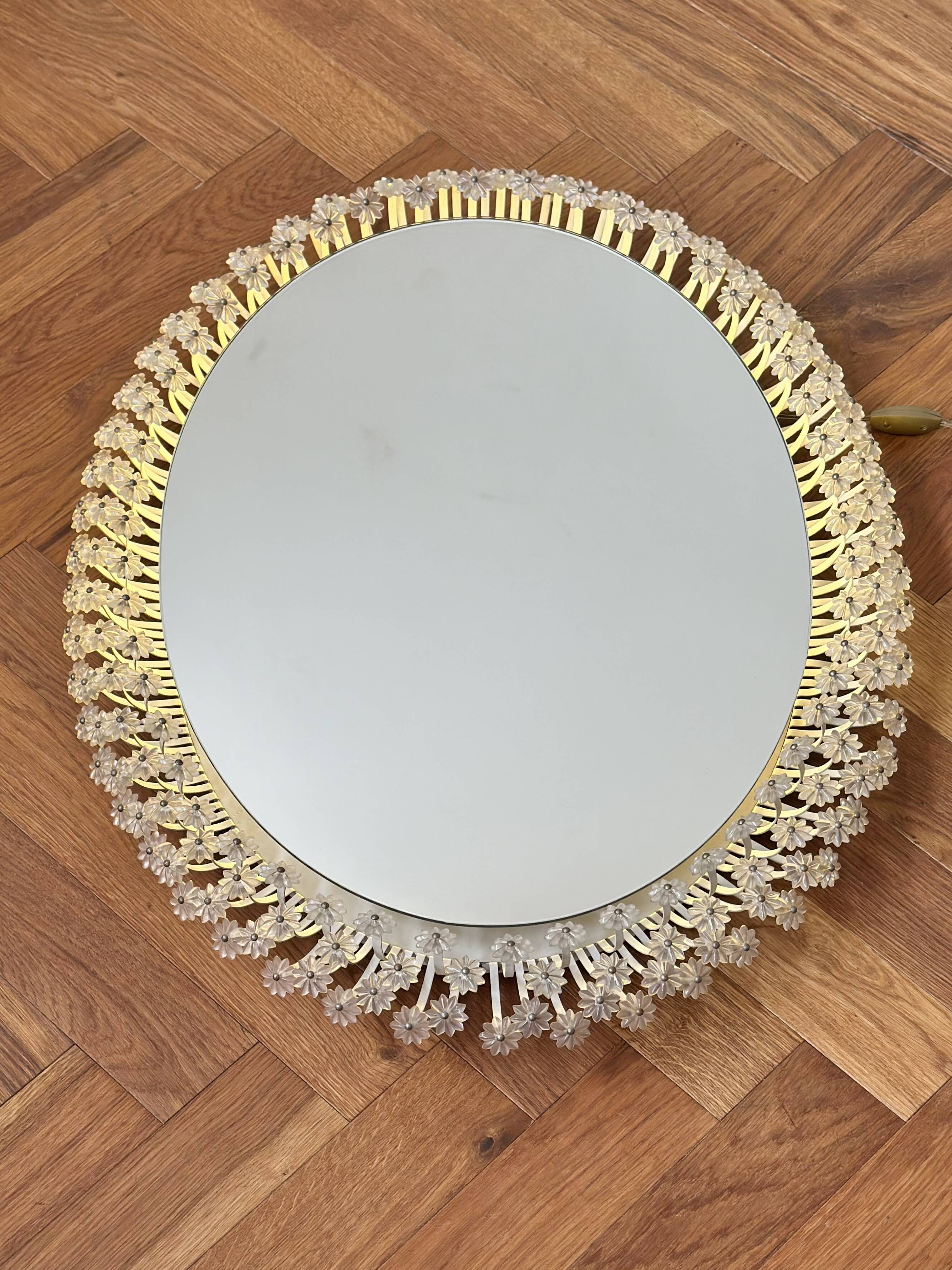 Miroir à fleurs vintage avec éclairage Emil Stejnar Rupert Nikoll