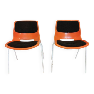 Vintage Overman Meblo Chairs: Orange & Brown Fabric, Stackable - Set of 2