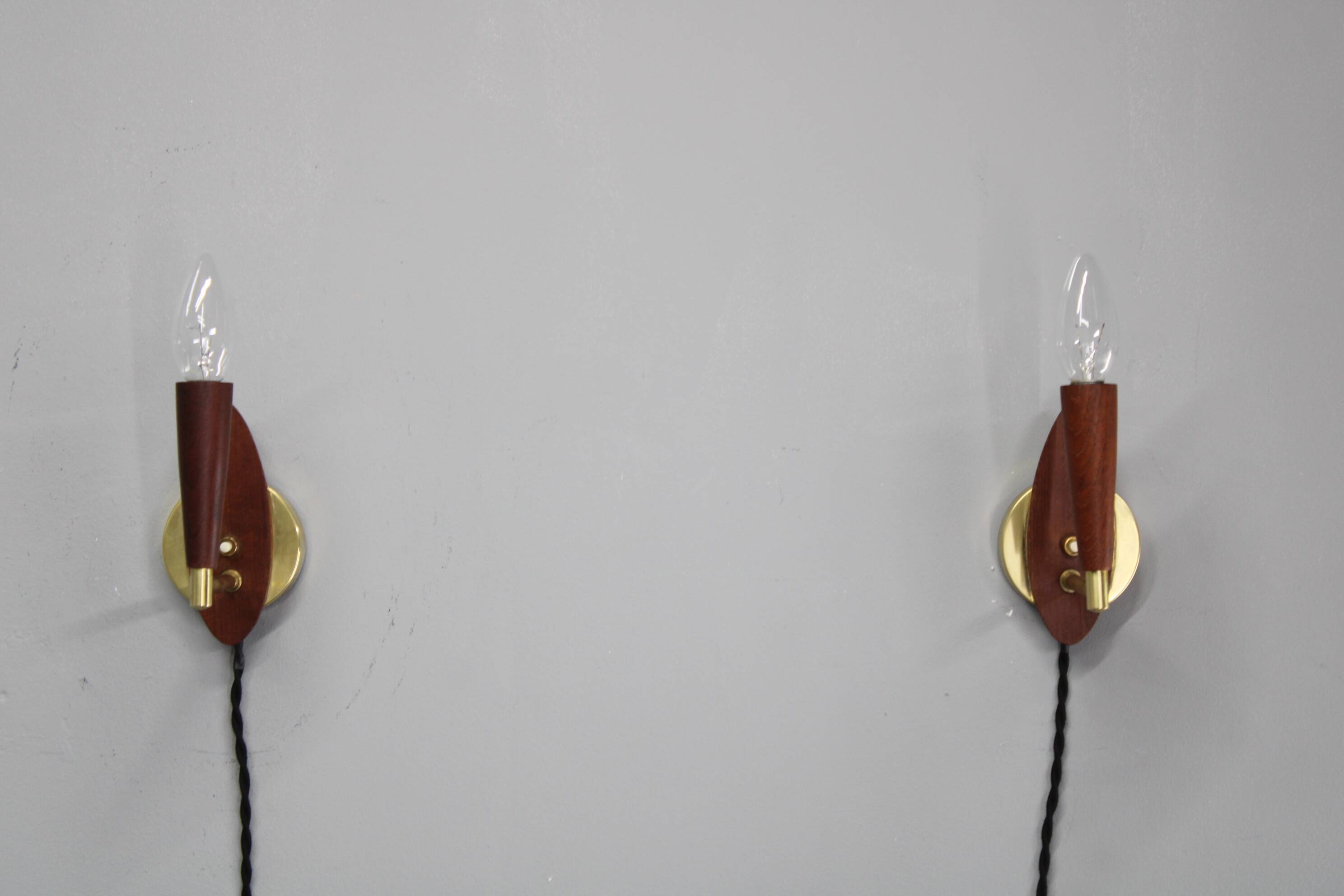 Mid-century Danish teak and brass wall lights, pair, 1960s