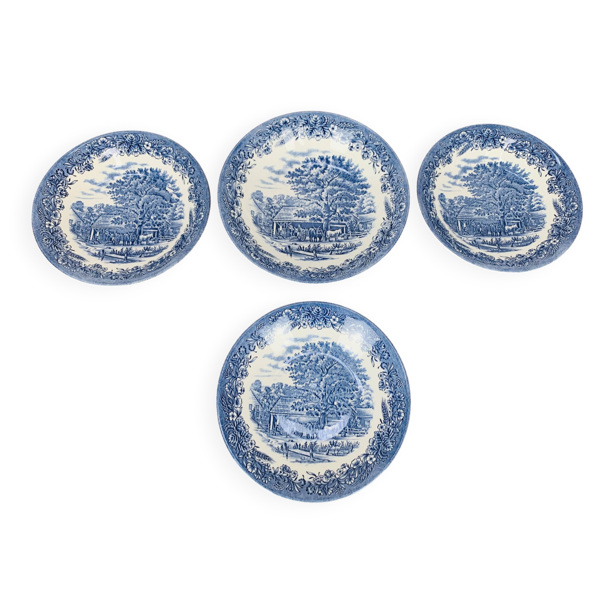 4 Churchill English ironstone soup plates, blue