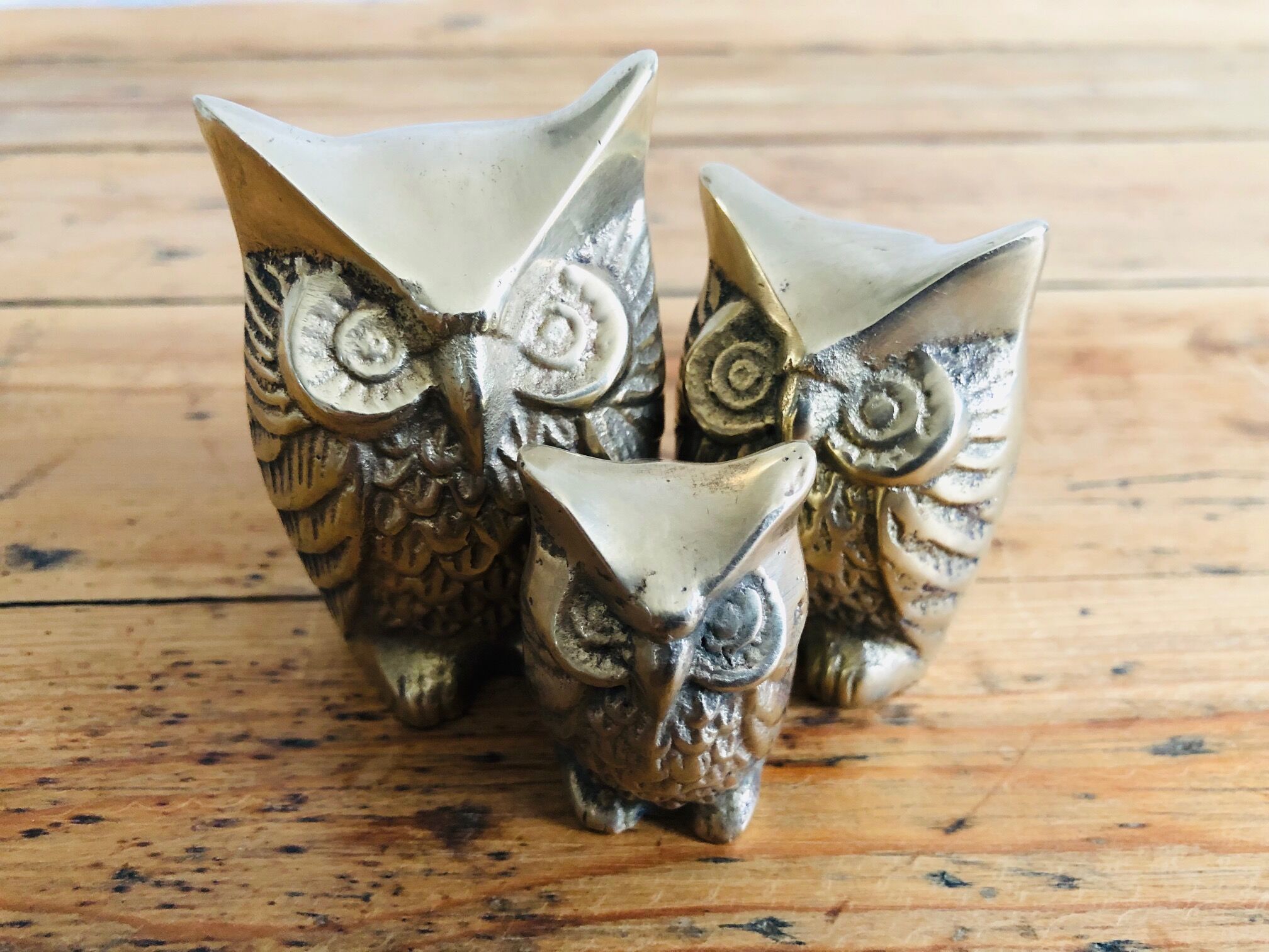 Trio of 3 owls in vintage brass