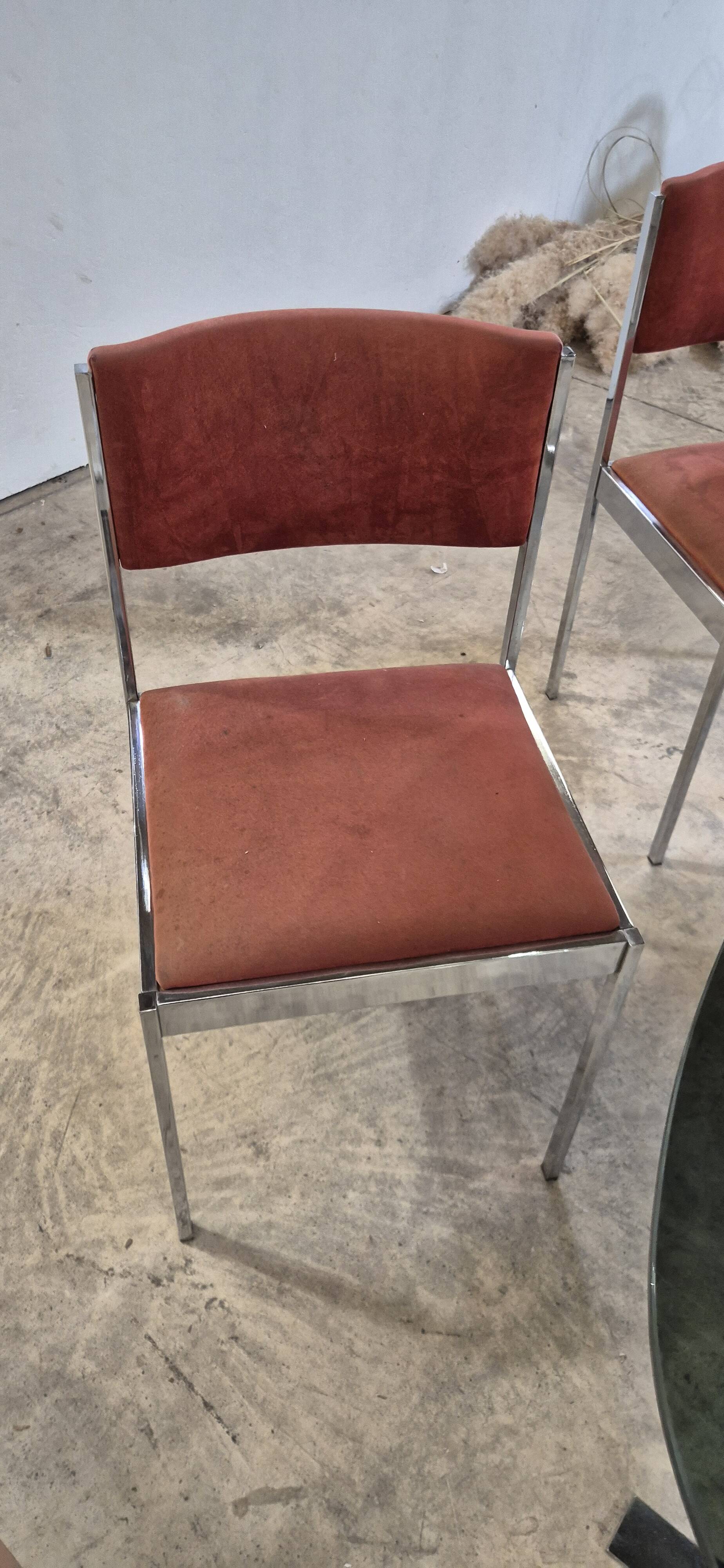 Dining room table + 4 stainless steel and smoked glass chairs 1970