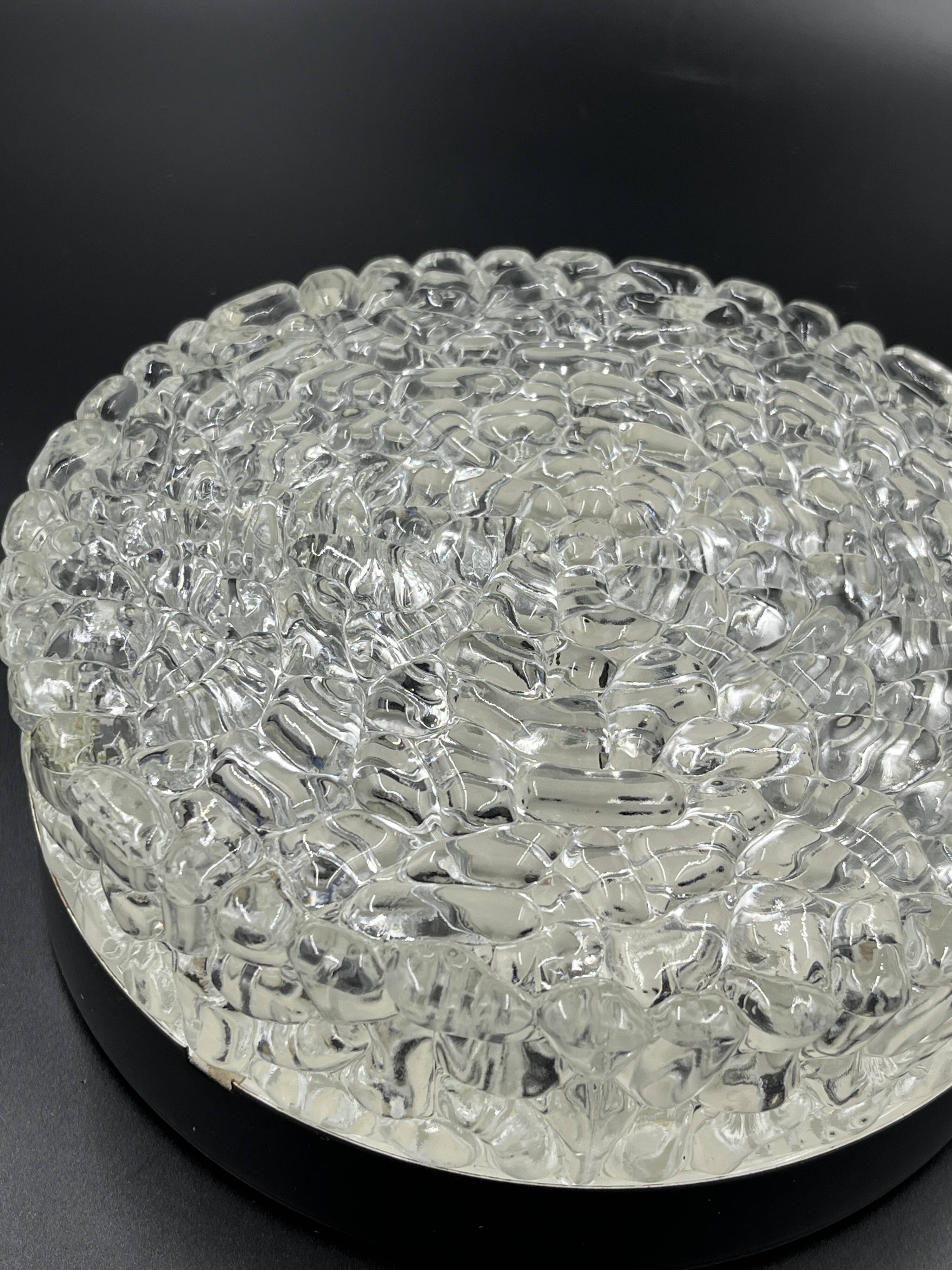 Vintage glacier glass Brutalist round ceiling light.