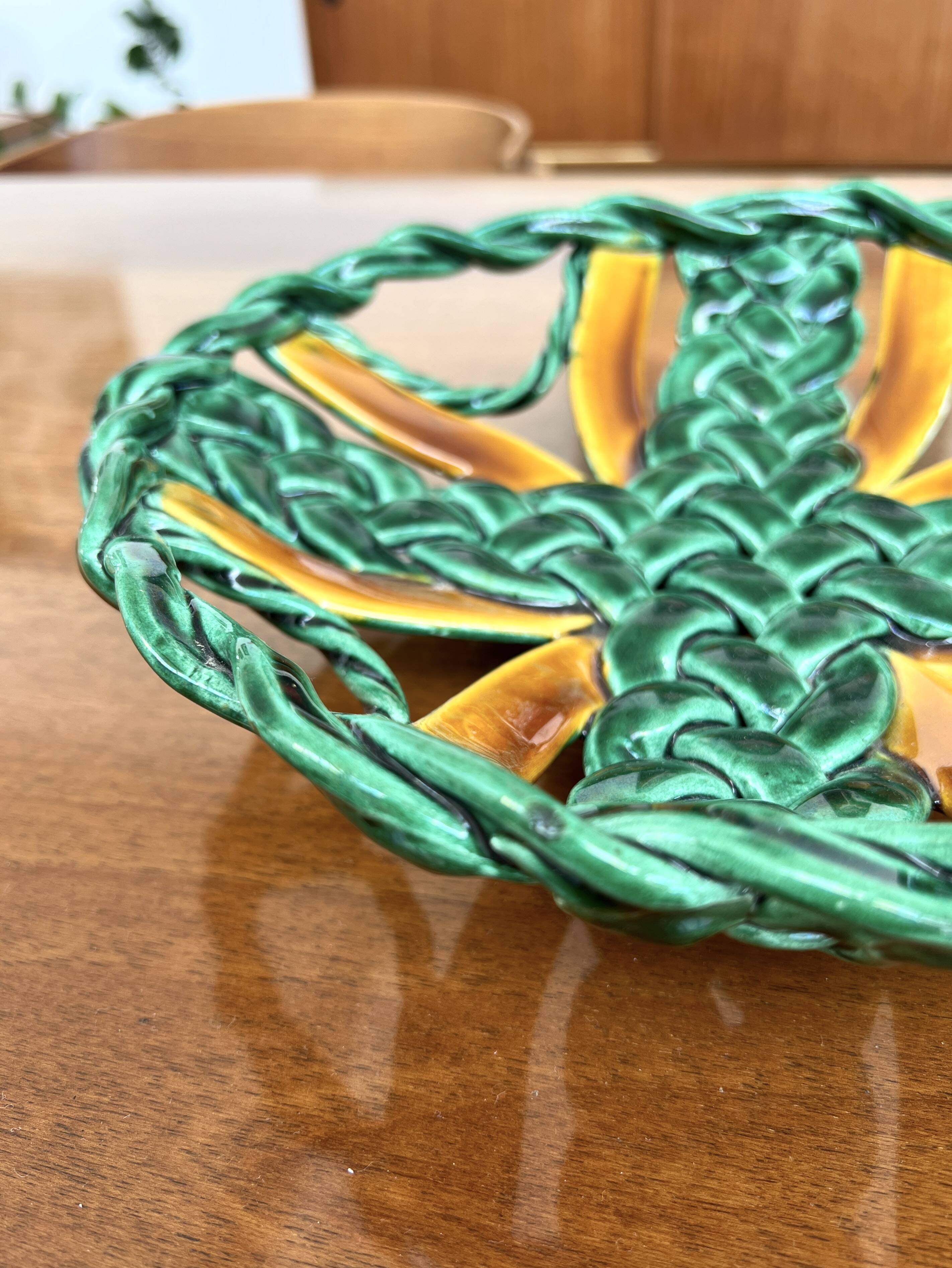 50s green braided barbotine fruit bowl
