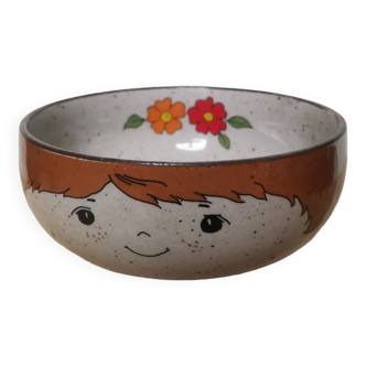 Vintage Korean stoneware bowl screen-printed face and flowers