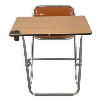 Vintage folding school desk with faux leather seat