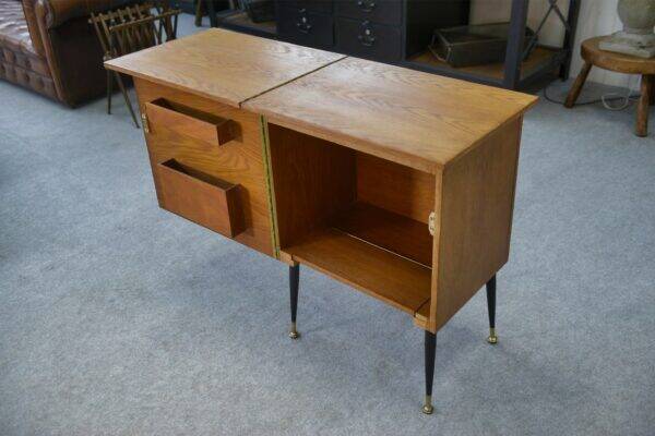 Meuble d’appoint dépliant en bureau, acier, laiton et chêne 1960’s