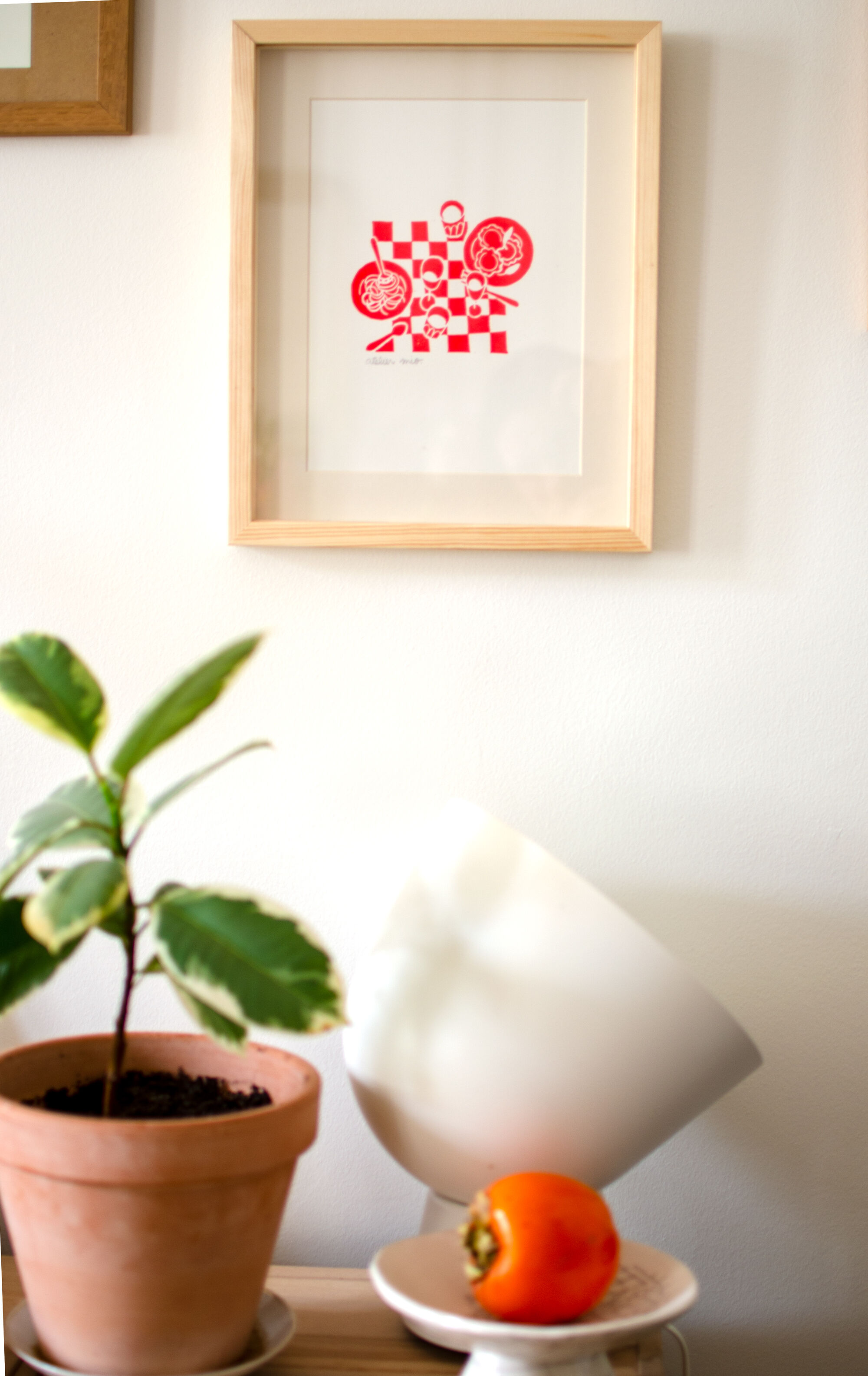 Spaghetti e ravioli, original linocut 18 x 24 cm