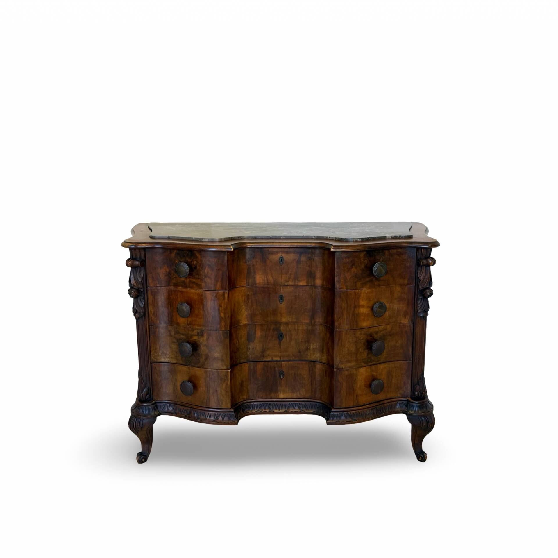 serpentine commode in antique walnut