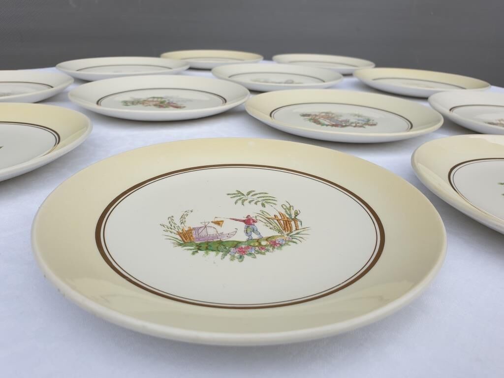 Set 12 plates Gien 1960 Japanese gardens variations in minor yellow