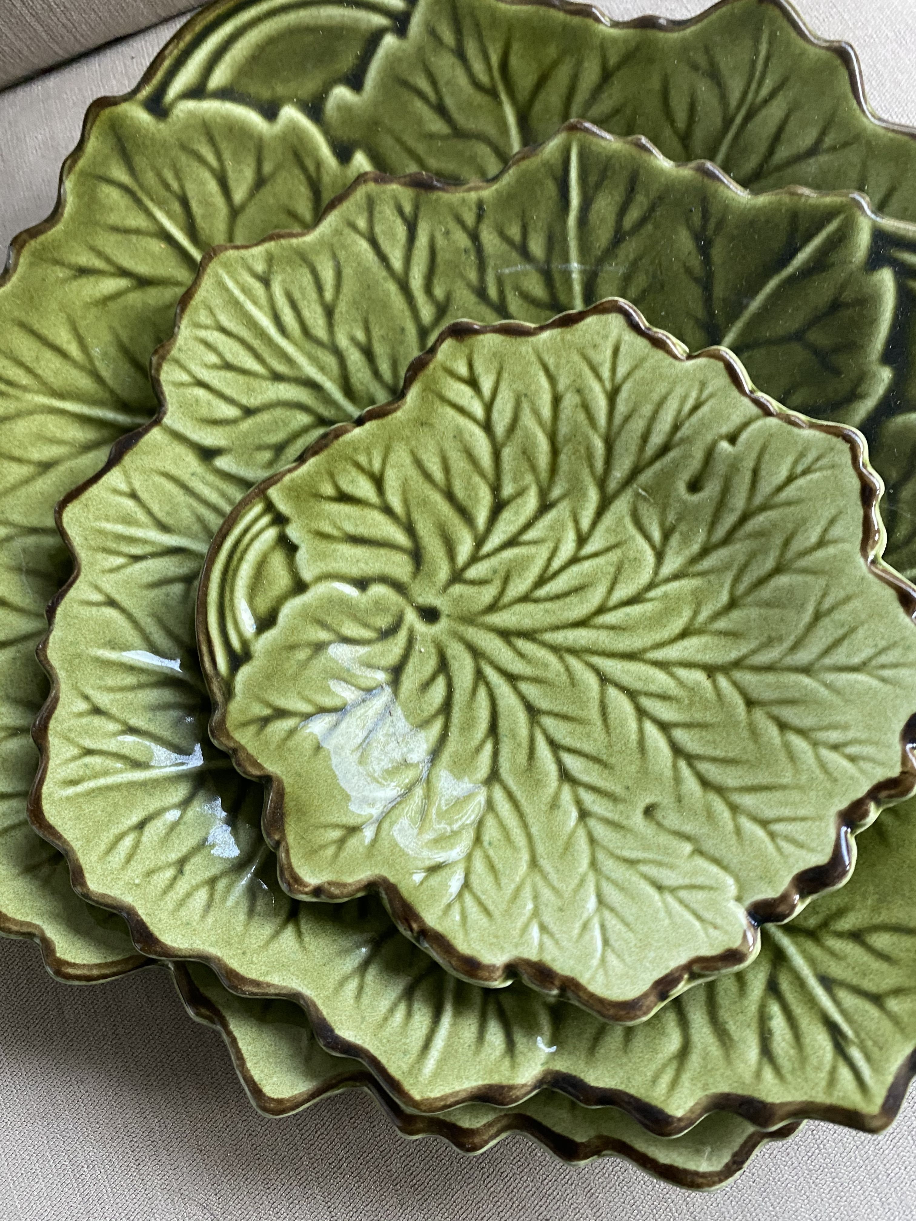 Lot of 3 flat Provencal earthenware Poet-Laval green leaves