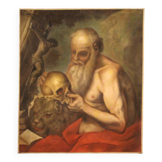Tableau religieux ancien du XVIIe siècle, Saint Jérôme