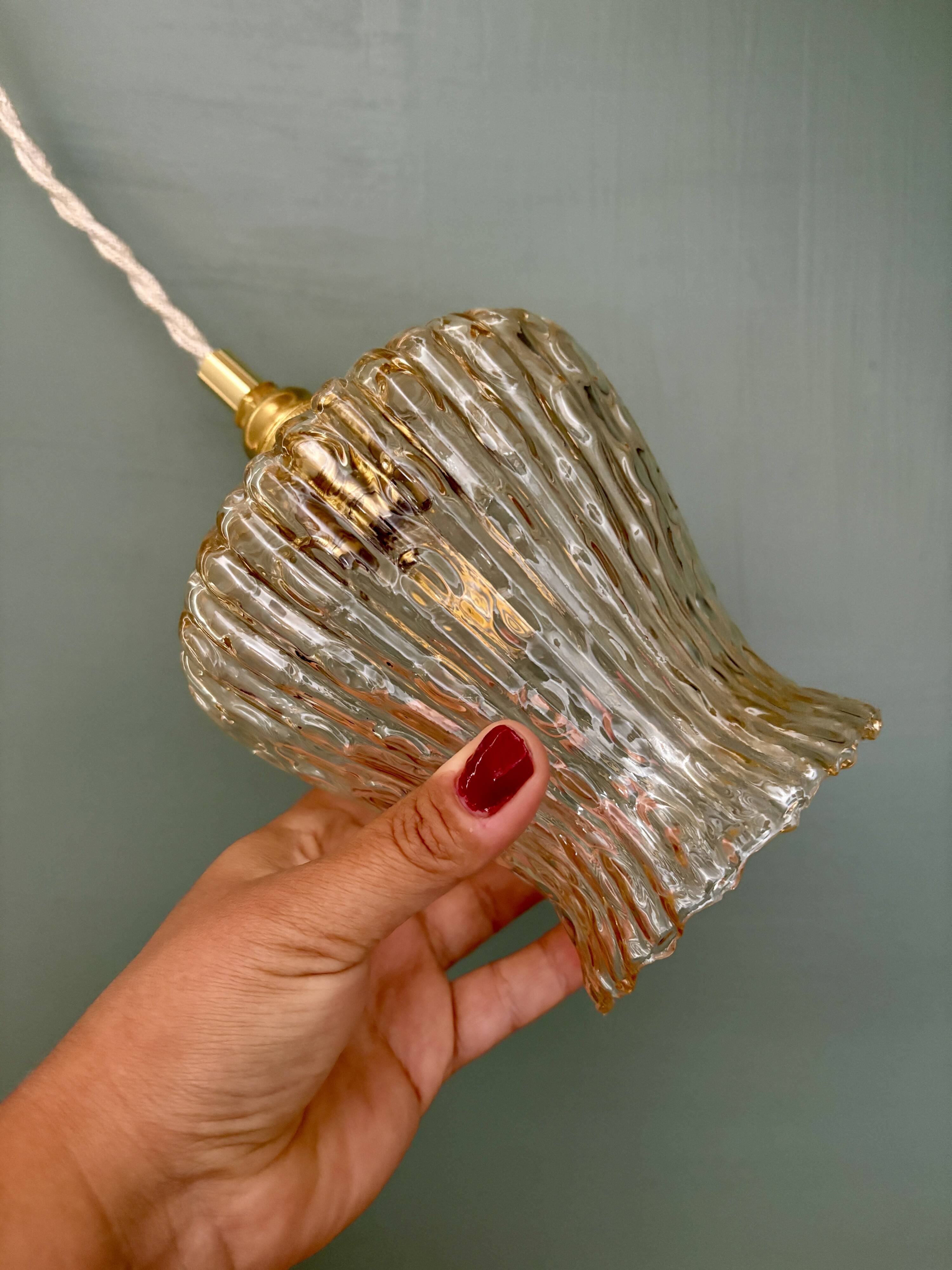 Vintage tulip pendant light in amber glass