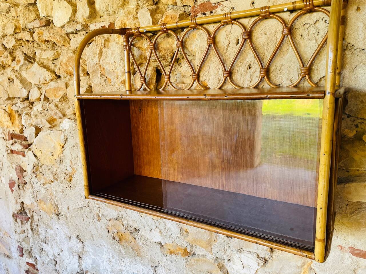 Vintage rattan and bamboo wall shelf with glass door cabinet, 1960s