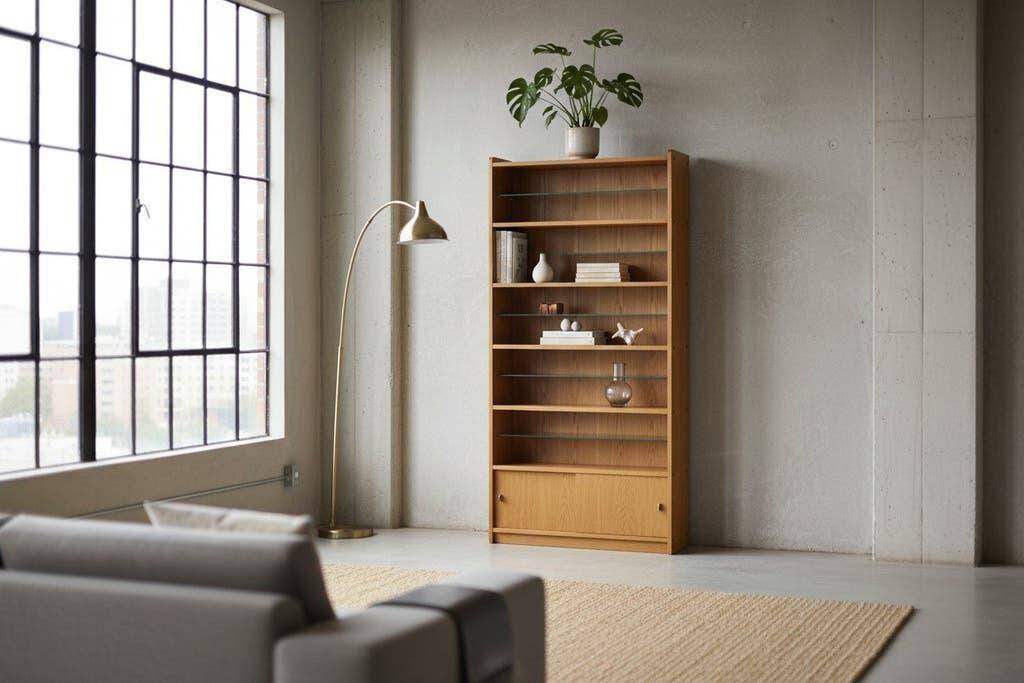 Shallow vintage wooden display cabinet / shelving unit / collector's cabinet