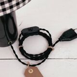 Lampe en faïence noire et abat-jour vichy