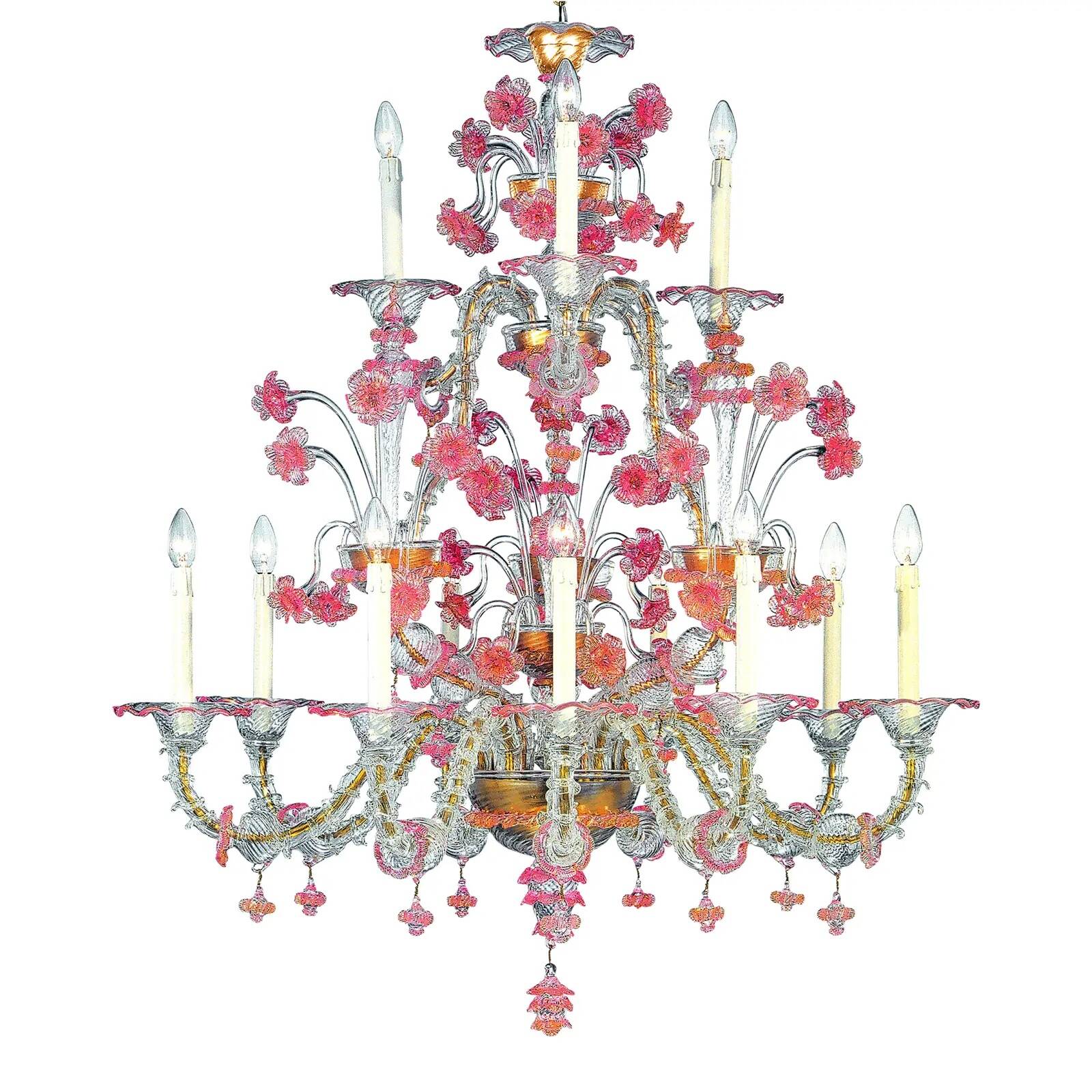 Luxury Pink and Transparent Venetian Murano Glass Chandelier