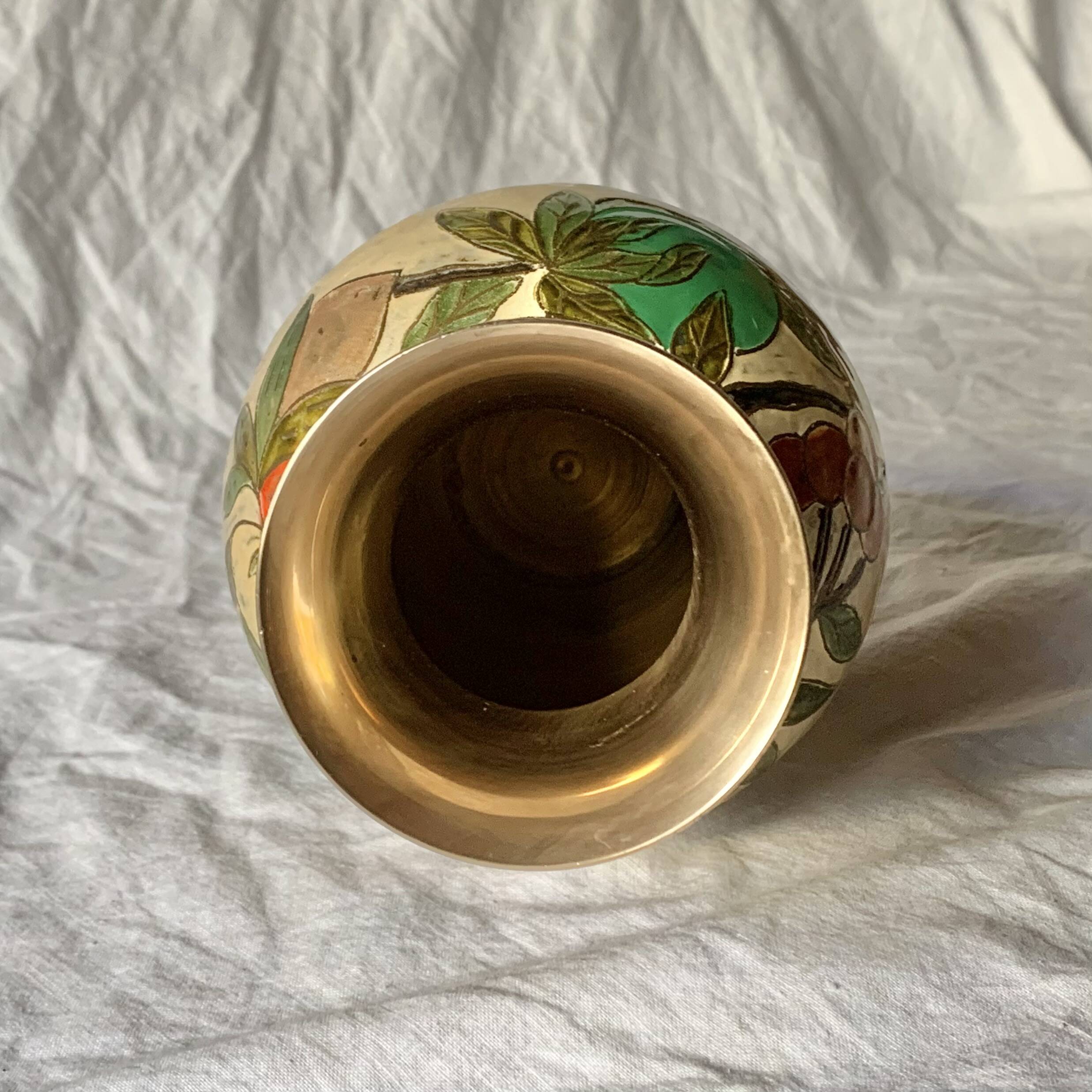 Vintage brass vase with cloisonné enamel floral decoration