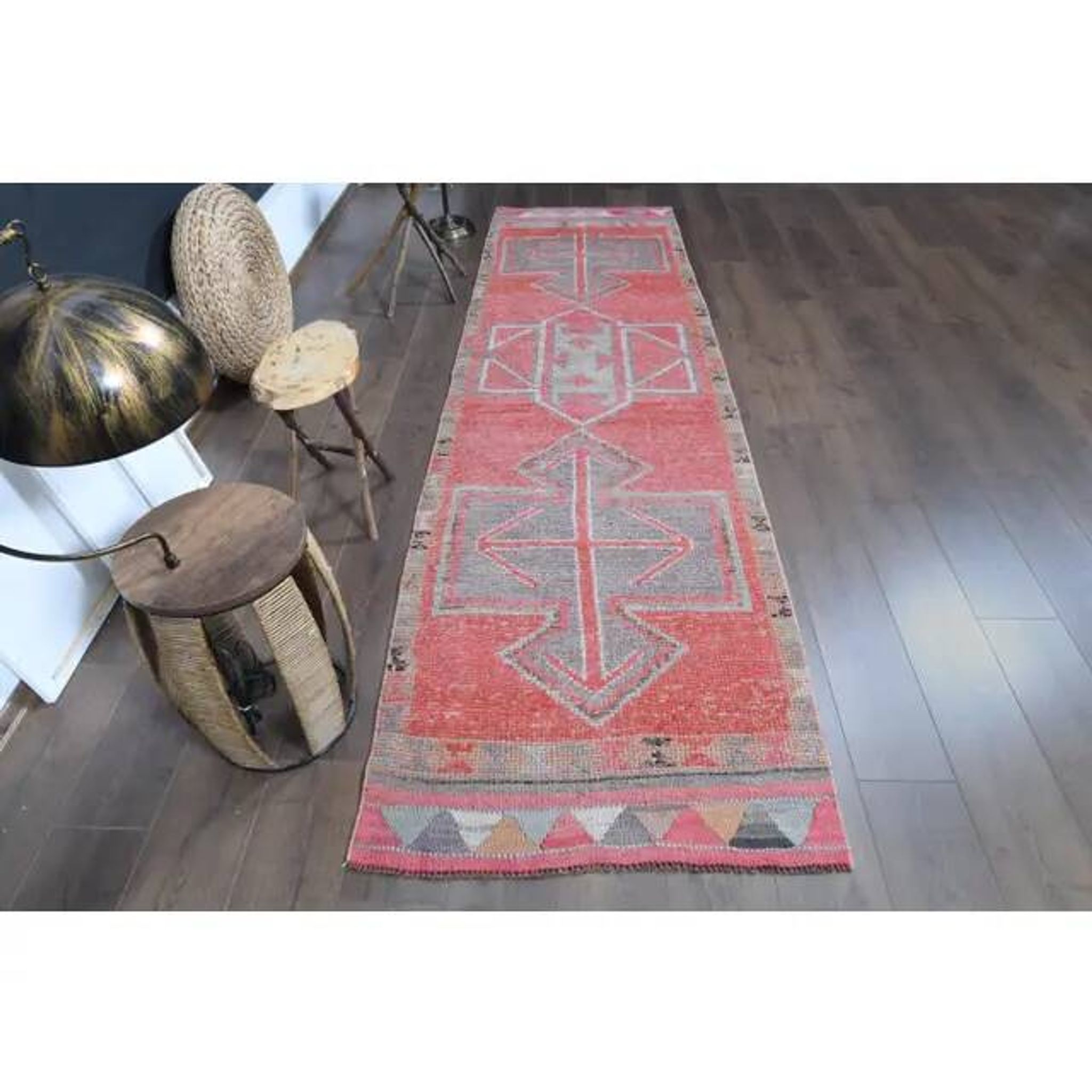 1970s Vintage Turkish Oushak Handmade Wool Cotton Pink Runner Rug 93X323