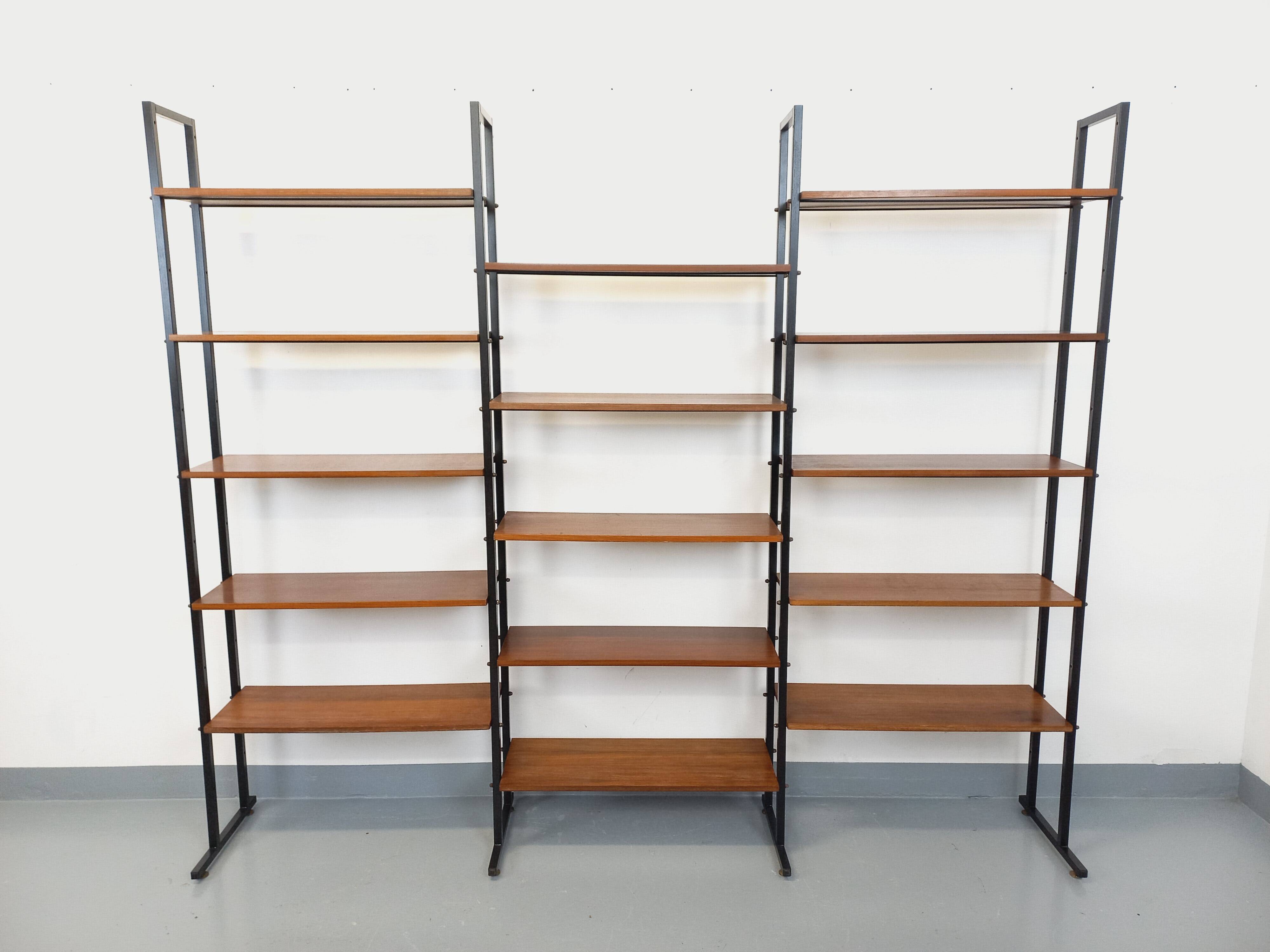 Vintage Italian triple modular bookshelf in teak and metal.