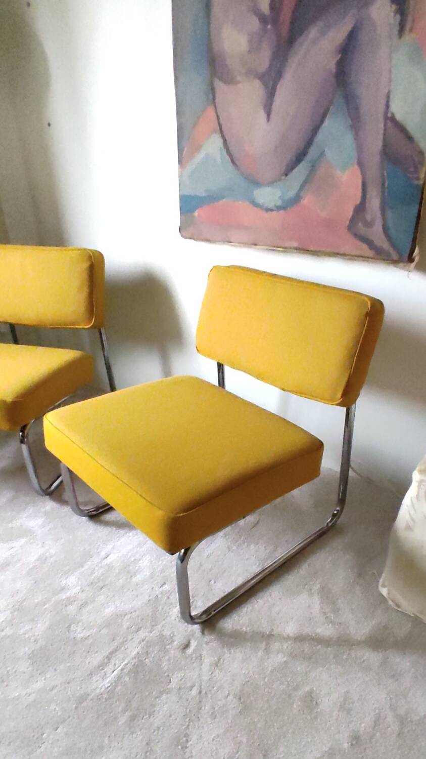 Pair of 70s low chairs with chrome tubing