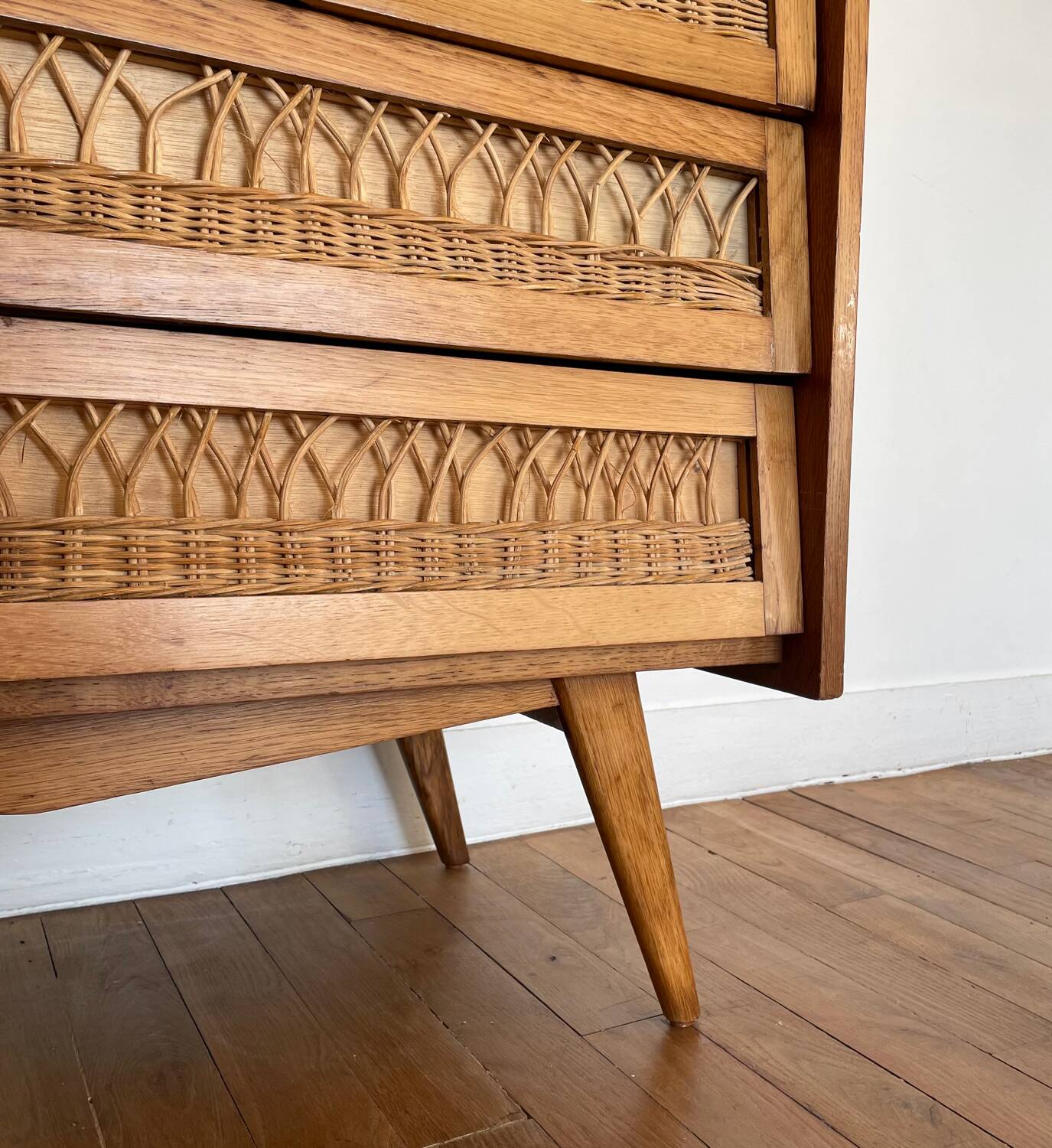Vintage wooden and rattan chest of drawers