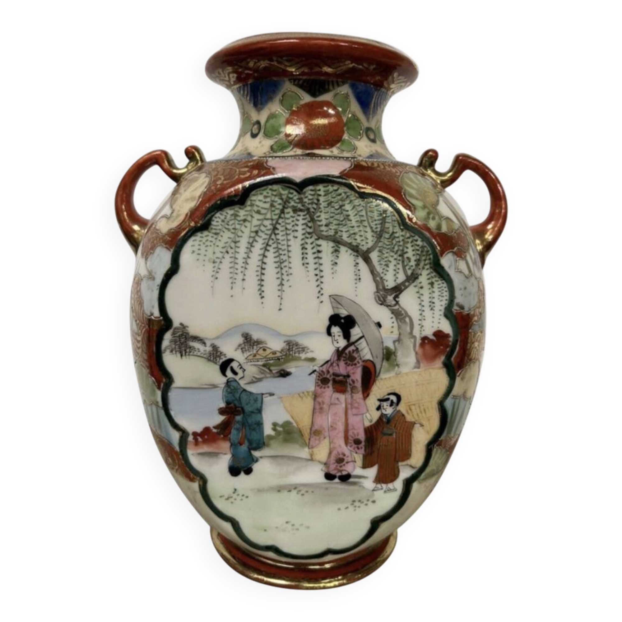 Vase japonais ancien amphore décor geisha émaillé rouge or signé