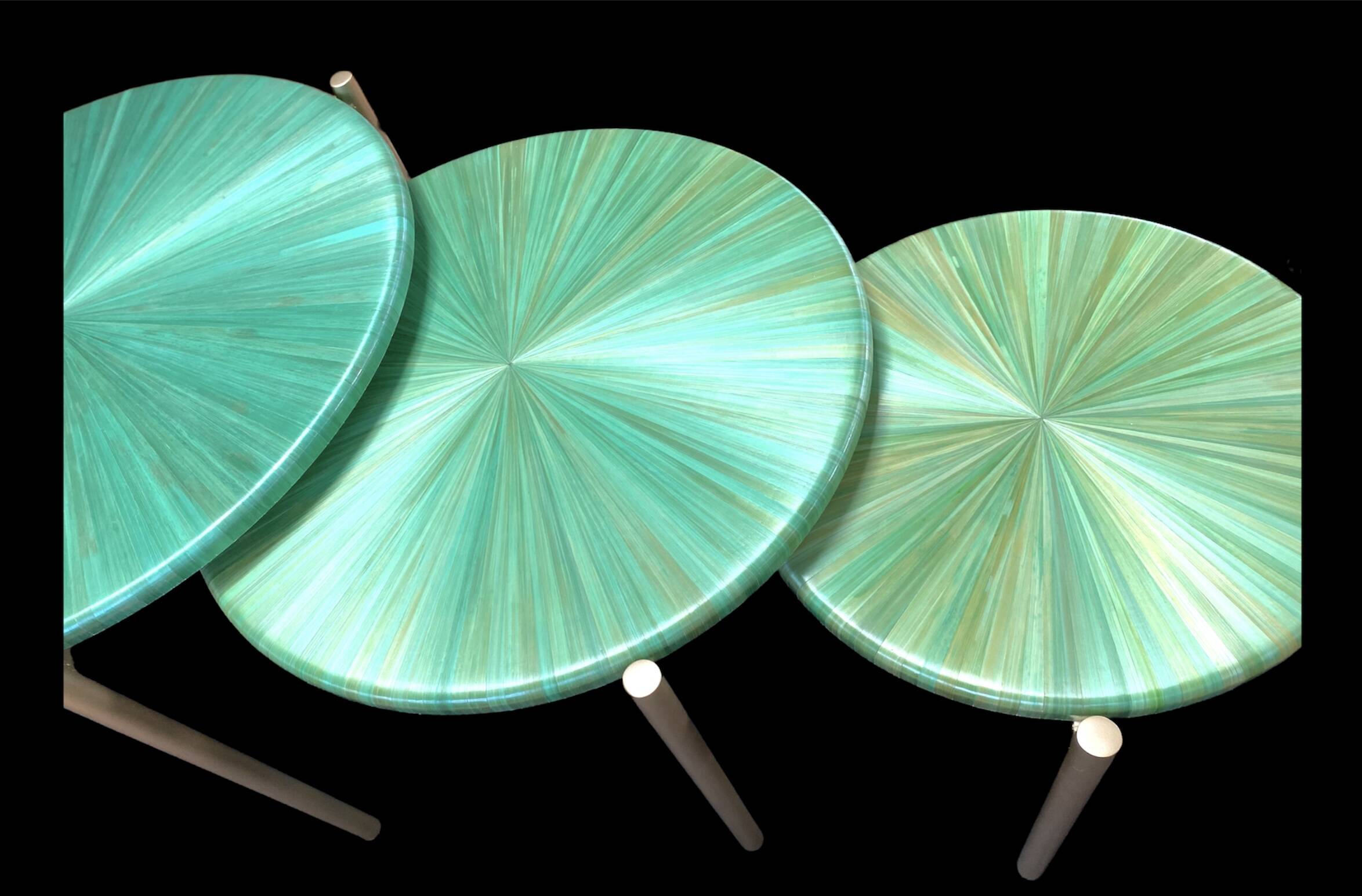 Straw marquetry nesting tables