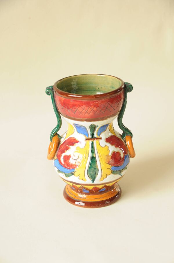 Vase ancien en céramique polychrome – Italie 20e – Décor floral artisanal