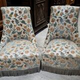 Pair of crapaud armchairs / Napoleon III – floral fabric – fringed skirt