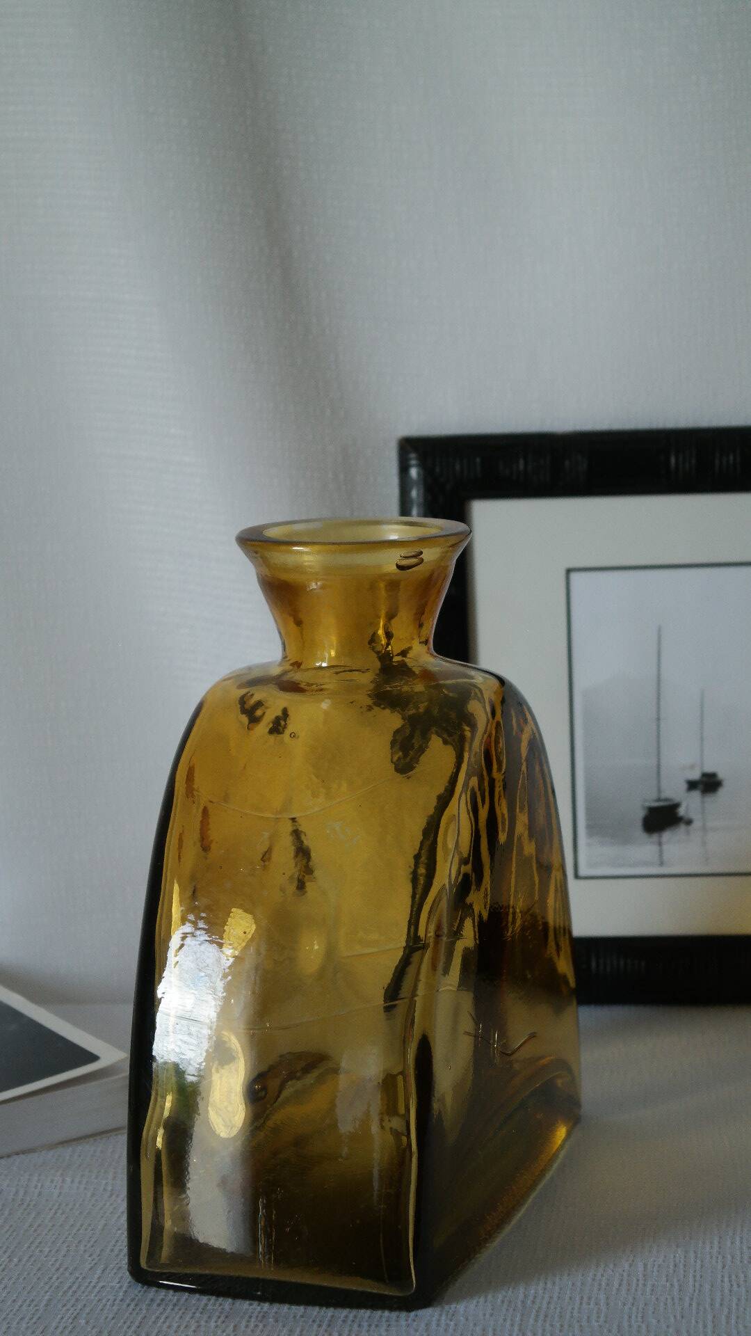 Vintage thick amber glazed glass carafe vase