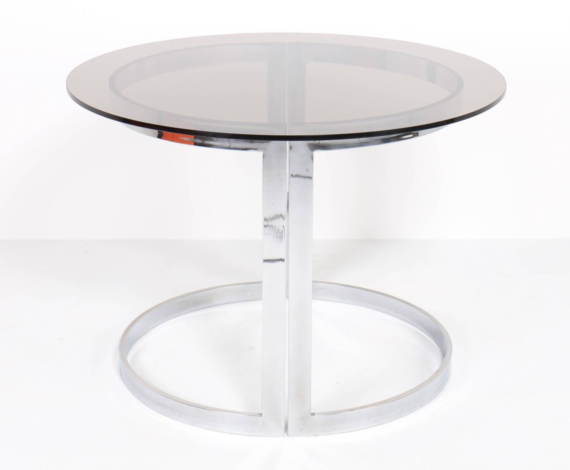 Vintage round table in chrome steel and smoked glass, 1970s