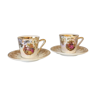 Duo de tasses et sous tasse a cafe ou moka decor romantique en porcelaine
