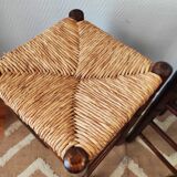 Pair of vintage brutalist stools made of wood and straw, France 1965.