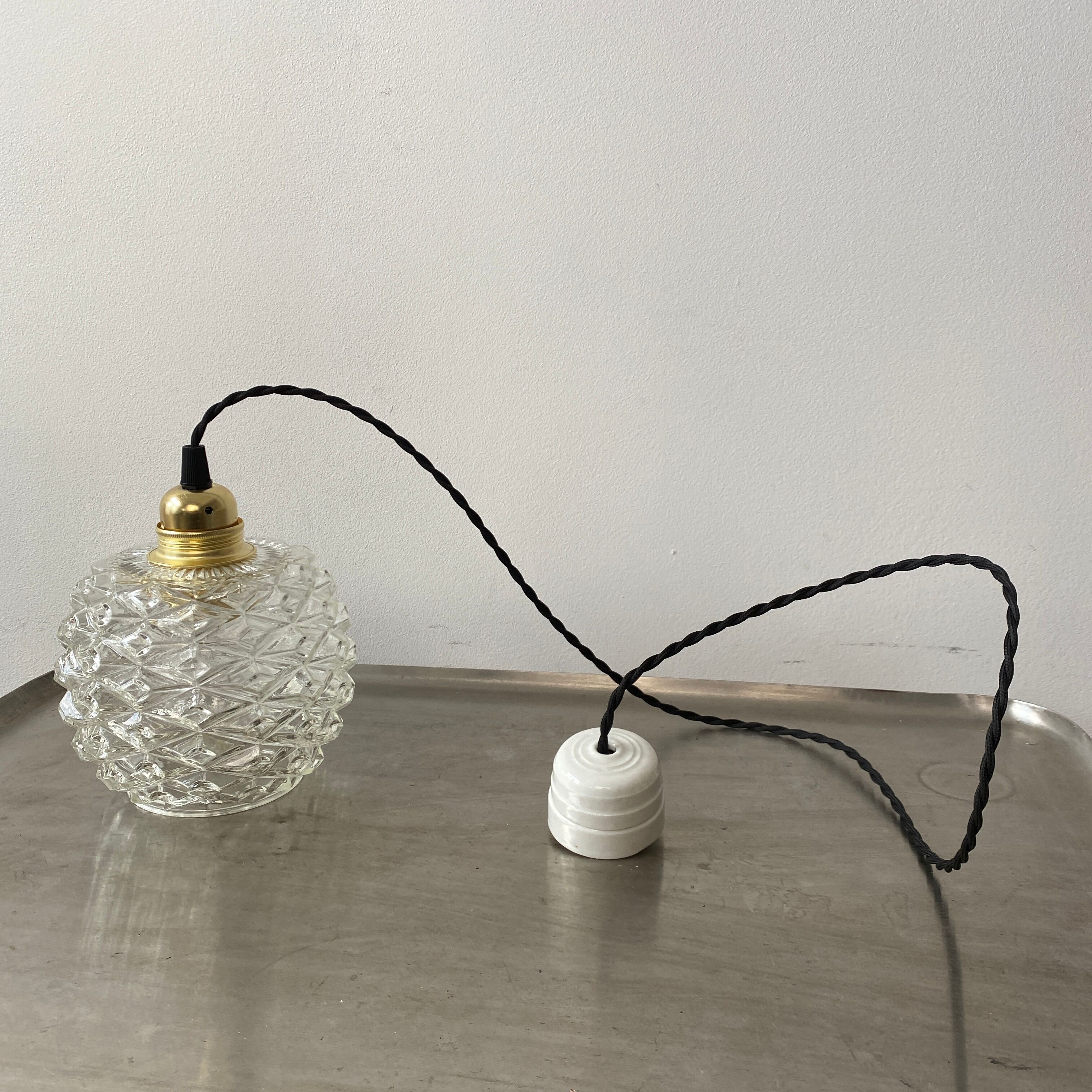Pair of vintage molded glass pendant lamps