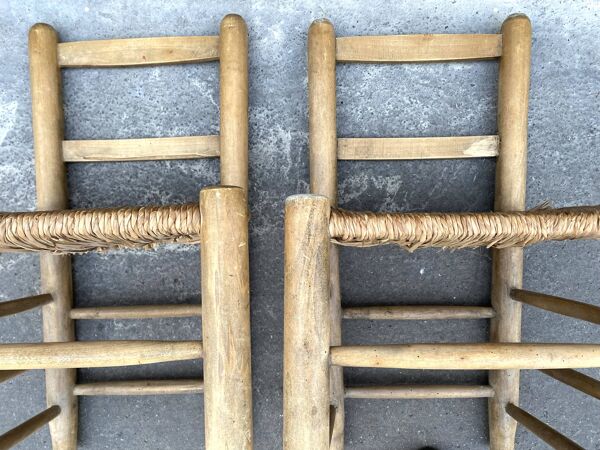 Lot de 2 chaises en bois brut et paille années 50