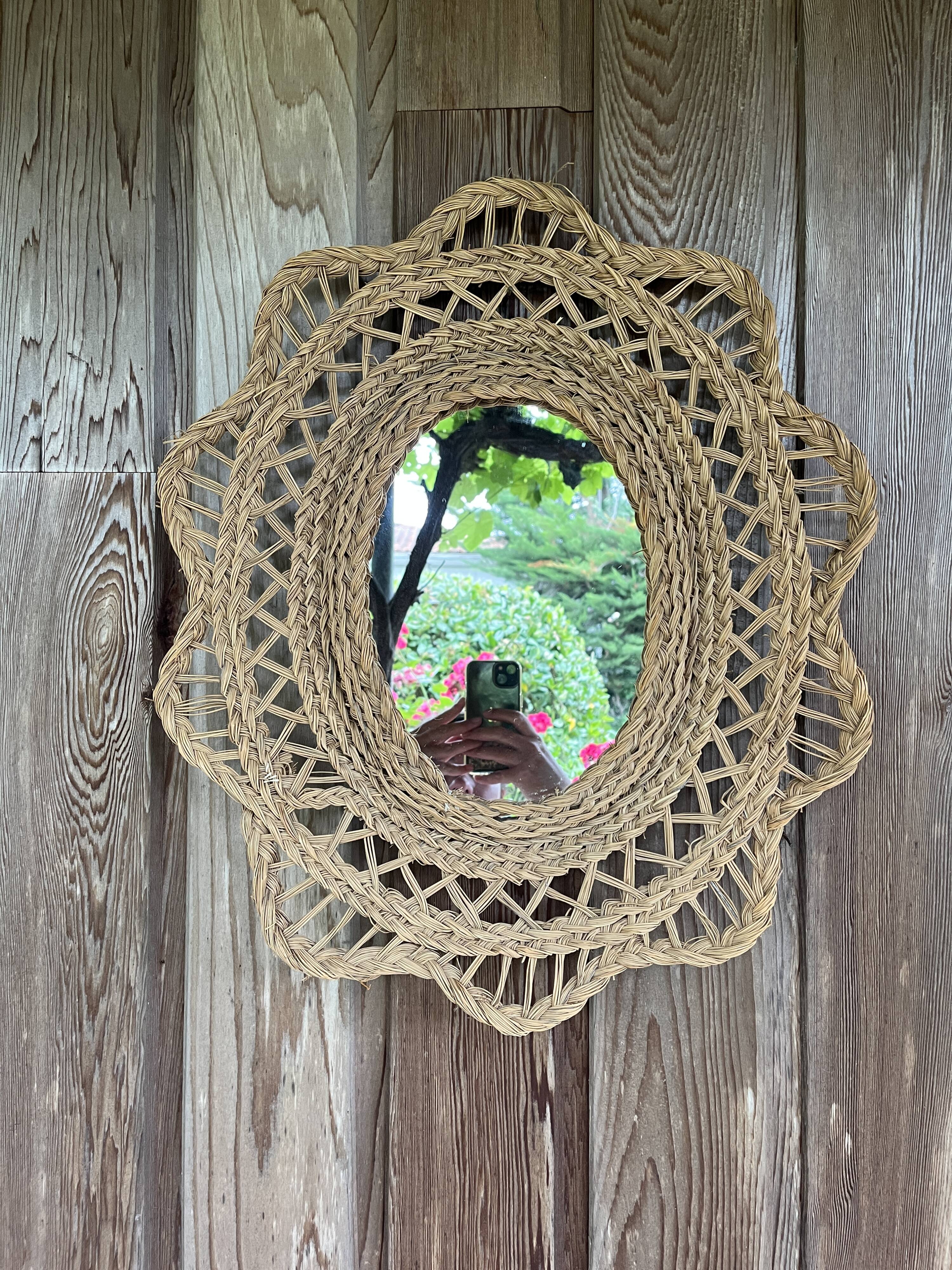 Large braided rattan mirror 1960