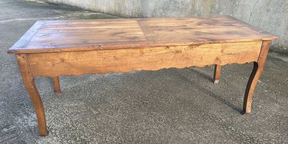 Solid oak farmhouse table, one drawer, vintage, early 20th century.