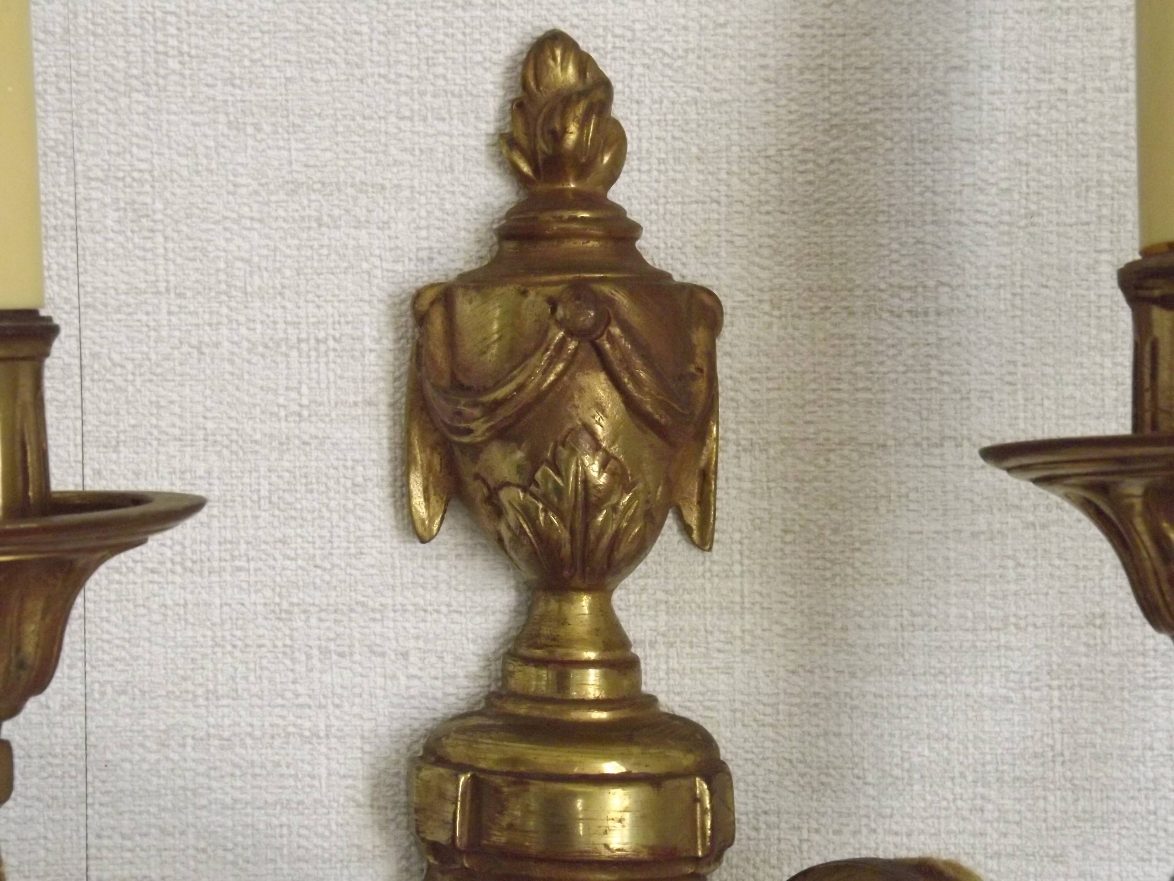 Large Bronze French Double Light Empire Wall Sconce with Urn Detail
