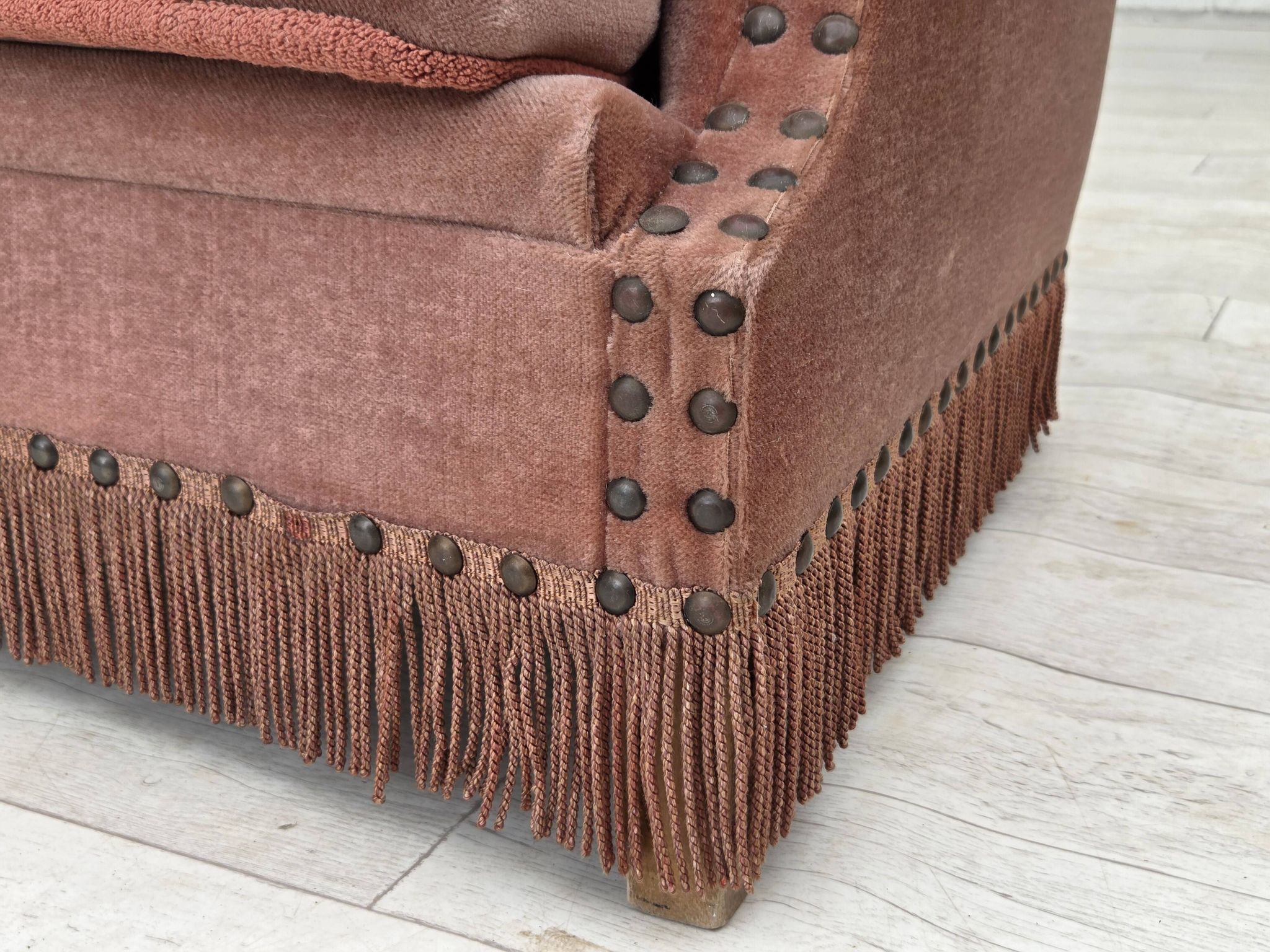 1970s, Danish 2-seater sofa, salmon pink furniture velour, beech wood.