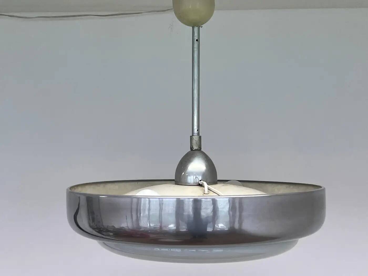 Big chrome milk glass Bauhaus pendant / lamp - 1930s