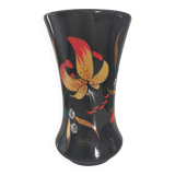 Longwy, Louis Valenti Black vase decorated with tiger lilies in polychrome enamels