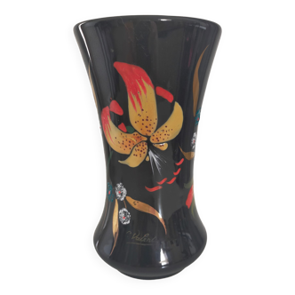 Longwy, Louis Valenti Black vase decorated with tiger lilies in polychrome enamels