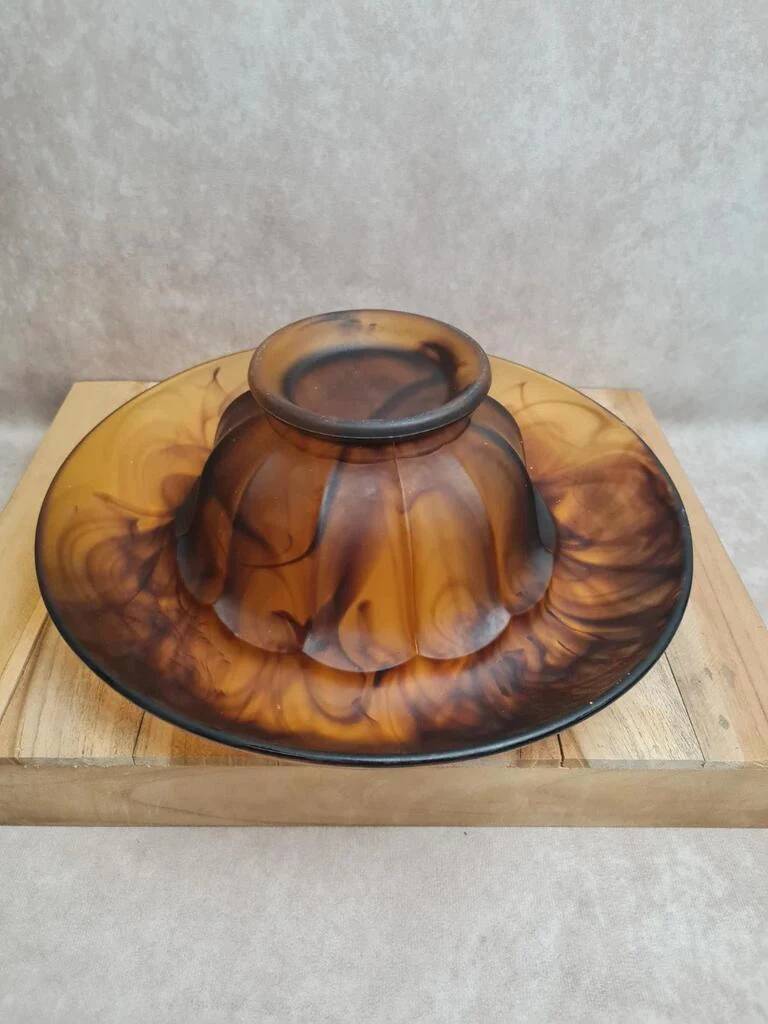Art Deco Davidson "Cloud Glass" amber centrepiece bowl – vintage English flower holder